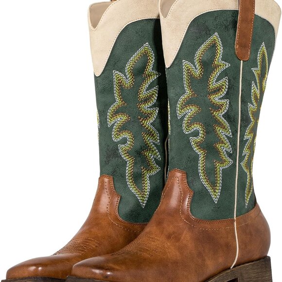 Shoes - Women’s Faux Leather Cowboy Boots Wide Calf Square Toe Chunky Heel